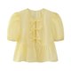 thumbnail image 3 of HH TRAF Blusa corta informal con lazo y mangas cortas abullonadas para mujer, moda femenina, camiseta de primavera, 3 of 5