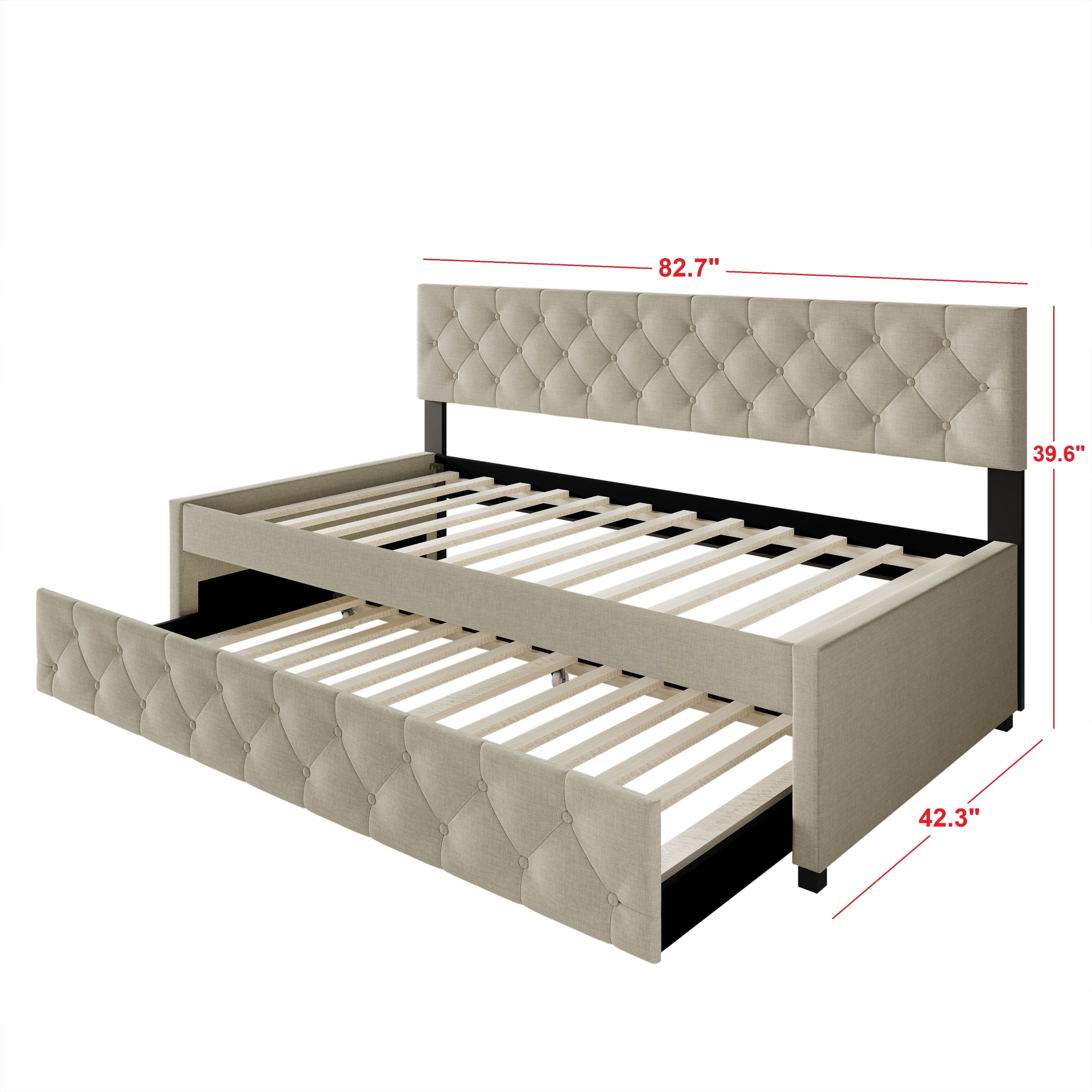 Home Design Tyler Twin Daybed with Trundle, Linen Upholstery, Button-Tufted Design, Foam Padding, Pull-Out Trundle, Stylish Seating and Sleeping Solution, Warm Gray