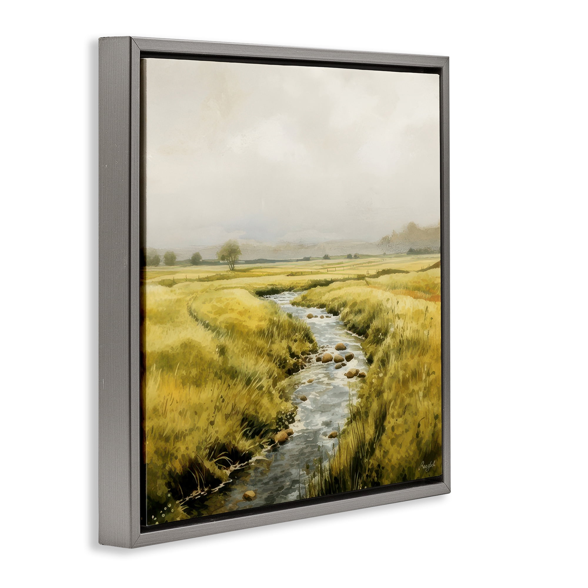 Stupell Industries Calming Horizon River Landscape & Nature Painting Gray Floater Framed Canvas Art Print Wall Art, 18 x 18