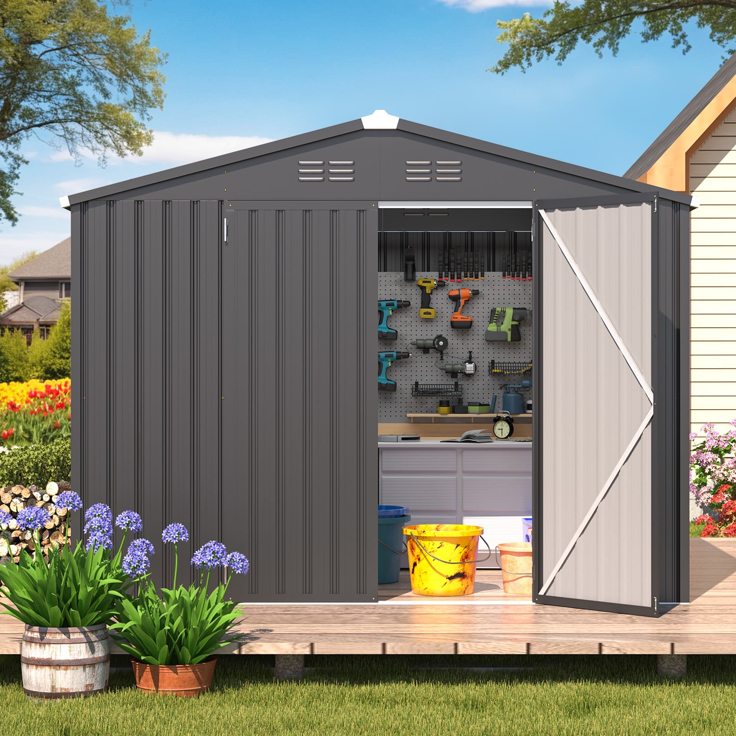 YODOLLA 8 x 6 ft. Outdoor Metal Storage Shed with Sliding Roof & Lockable Door Dark Gray