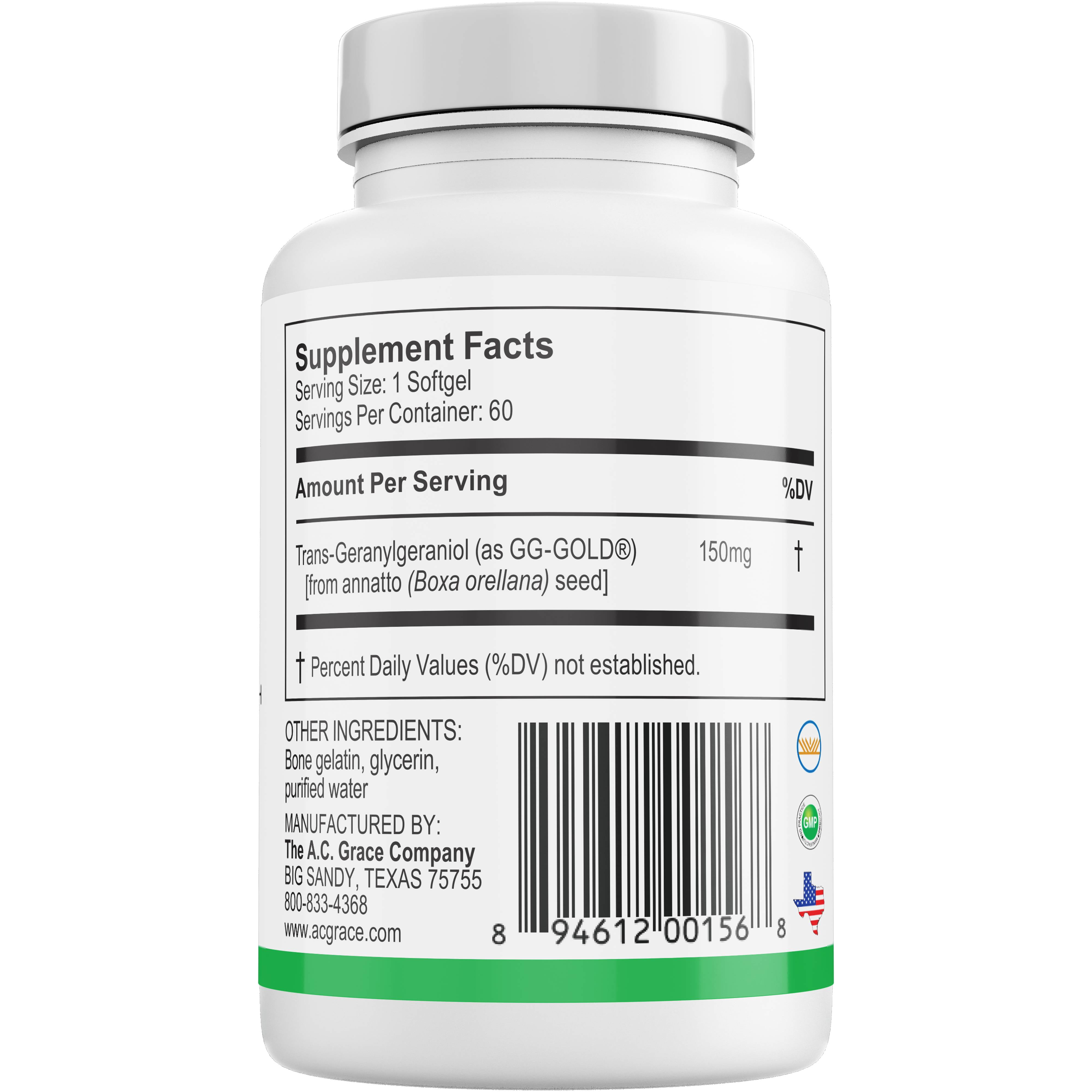 UNIQUE E A.C. Grace Company GG-Gold - 150mg Geranylgeraniol Supplement - Premium Annatto-Derived GG for Statin Users, Cellular Energy, Muscle & Bone Health - 60 Softgels