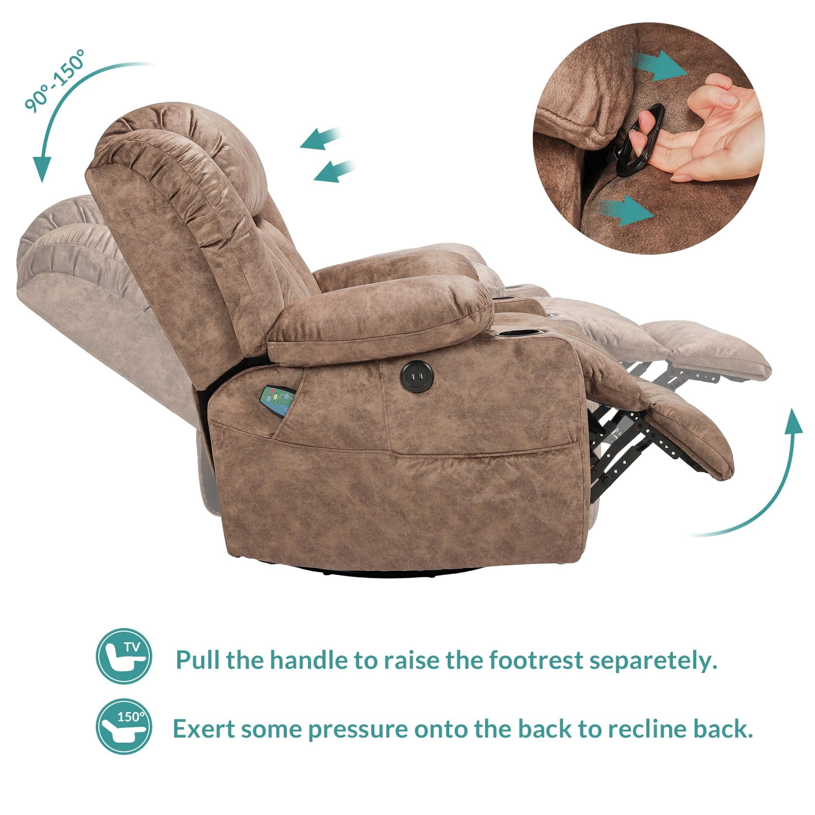 MEETWARM Massage Swivel Rocker Recliner, Manual Glider Rocking Recliner Chair with Heat and Vibration, 360°Swivel Lounge Reclining Chair with USB Ports/Cup Holder/Remote Control(Plush-Brown)