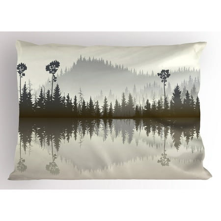 - Forest Pillow Sham Misty Northern Nature Jungle with Hills and River at Dusk Water Reflection, Decorative Standard Size Printed Pillowcase, 26 X 20 Inches, Cream Grey Brown, by Ambesonne
