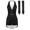 thumbnail image 3 of iiniim Women Sequins Latin Dance Outfits Sleeveless Tassel Leotard Fringed Tango Salsa Dance Dress with Gloves Black M, 3 of 7