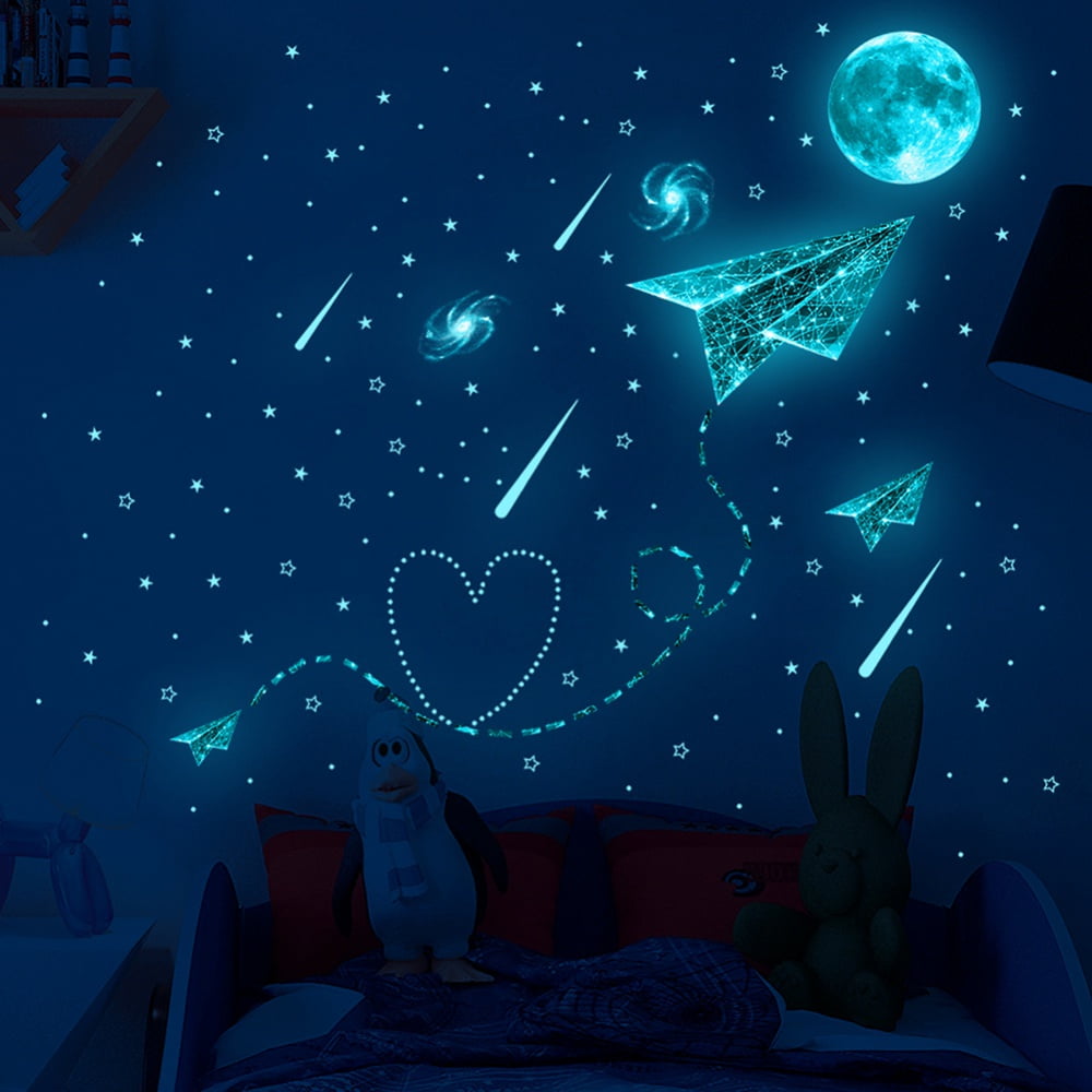 Glow in The Dark Stars for Ceiling, 3D Glowing Star Removable Self-Adhesive Wall Decals,Moon, Rocket and Planets Wall Stickers for Girls Boys Kids DIY Bedding Room Bedroom Décor (Blue)