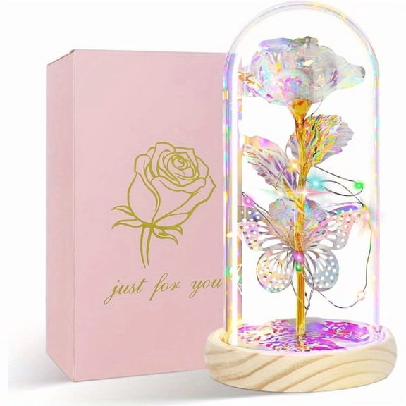 1pc Birthday Gift for Women, Butterfly Preserved Rose Flower Gifts for Mom Grandma, Womens Gifts for Christmas, Light Up Rose in A Glass Dome, Xmas Gifts for Her on Anniversary, Valentines
