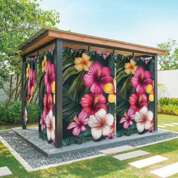Red Yellow Althea Outdoor Curtains for Patio Waterproof, Watercolor Flowers Tropical Plants Grommet Curtains for Porch Outside Privacy Drape for Gazebo Garden Pergola, 2 Panels, 54x84in