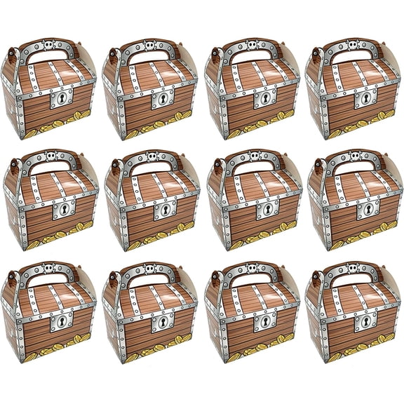12 pack pirate treasure chest treat box (6.5" x 6.5" x 3.5") paper cardboard. decoration party favor goodie candy box grab bag