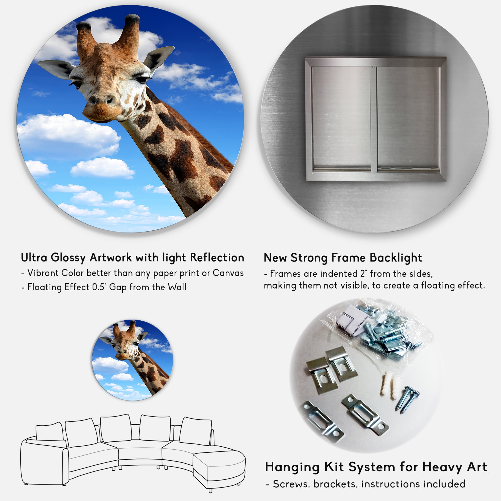 Designart 'A Giraffe On A Blue Sky Portrait' Farmhouse Circle Metal Wall Art 11x11 - Disc of 11