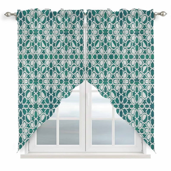 Teal Green Swag Valances for Windows, Kitchen Curtains 36 Inch Length 2 Panels Set, Vintage Abstract Geometric Texture Short Curtains for Small Windows Rod Pocket Cafe Curtains Drapes 28"x36"