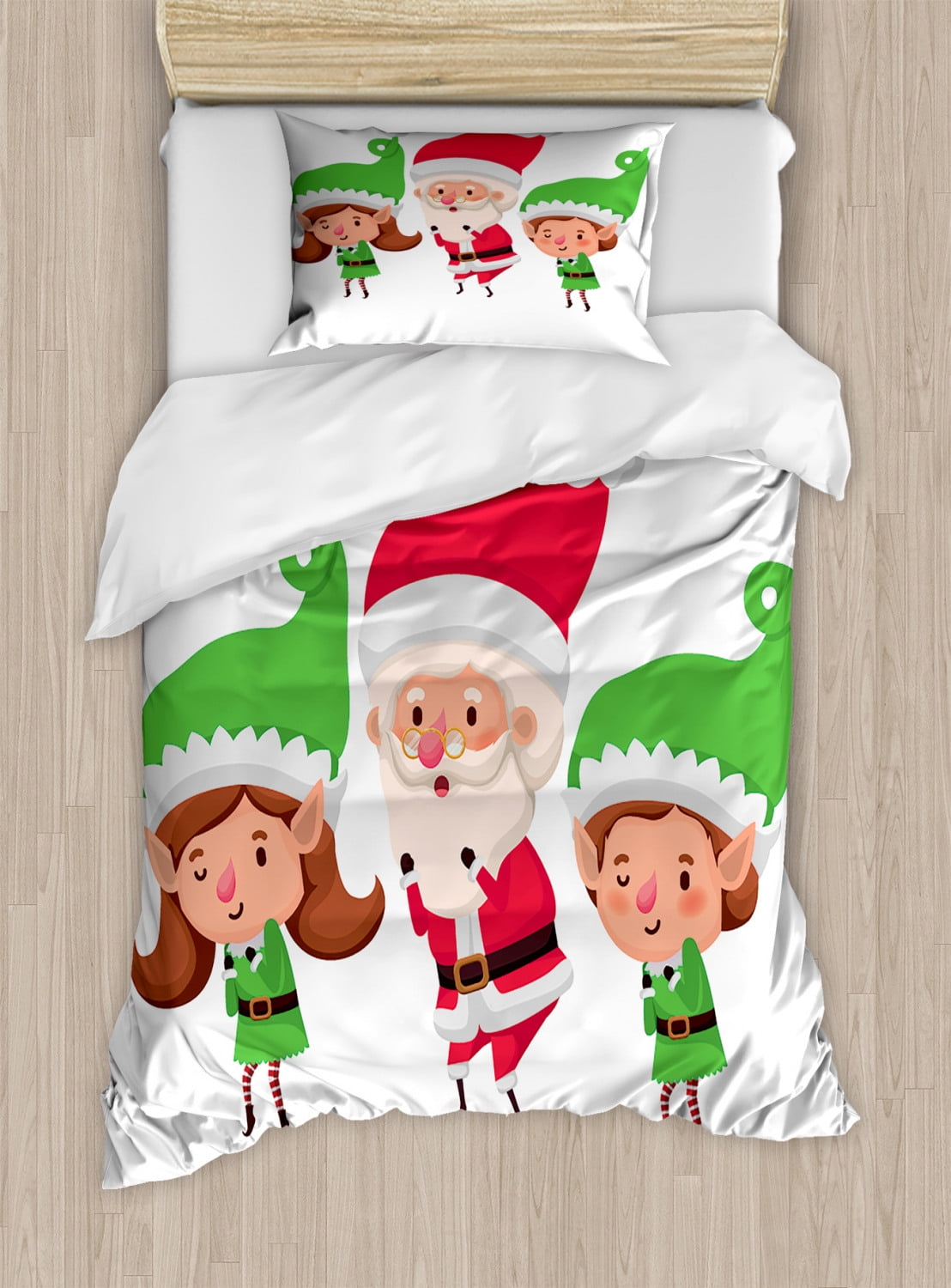 Elf Duvet Cover Set Twin Size, Girl and Boy with a Santa Claus Dwarf in