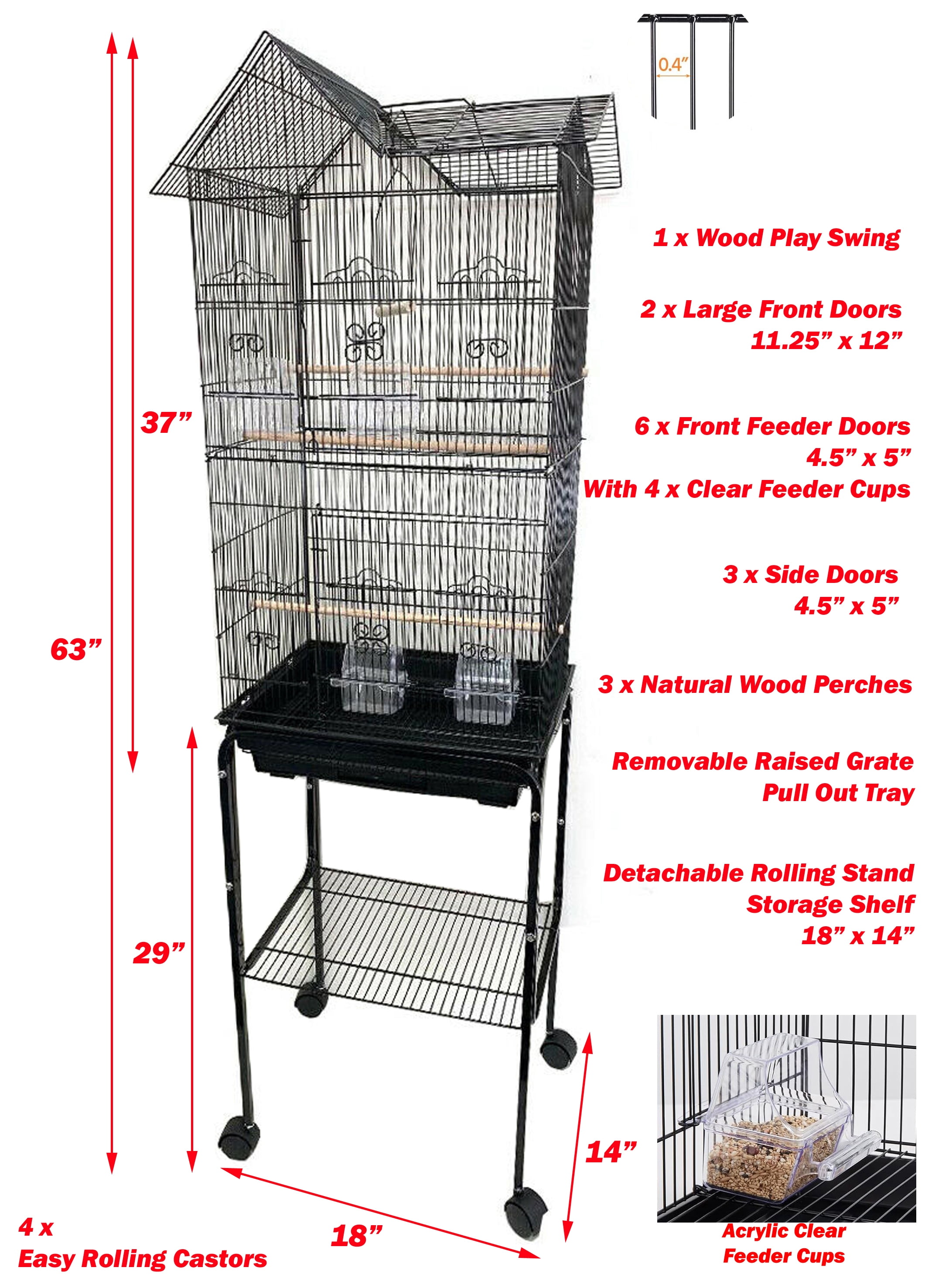 64" Large Deluxe Bird House Flight Home Rolling Stand Cage with Breeding Nest Doors For Aviaries Budgies Canaries Parakeets Cockatiels Lovebirds Finches