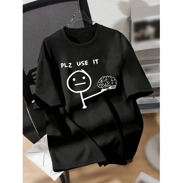 Women's Casual Graphic Tee - "Plz Use It" Cartoon Brain Design, Short Sleeve Crew Neck, Polyester Spandex Blend, Machine Washable, Relaxed Fit for Spring & Summer, Ladies T Shirts