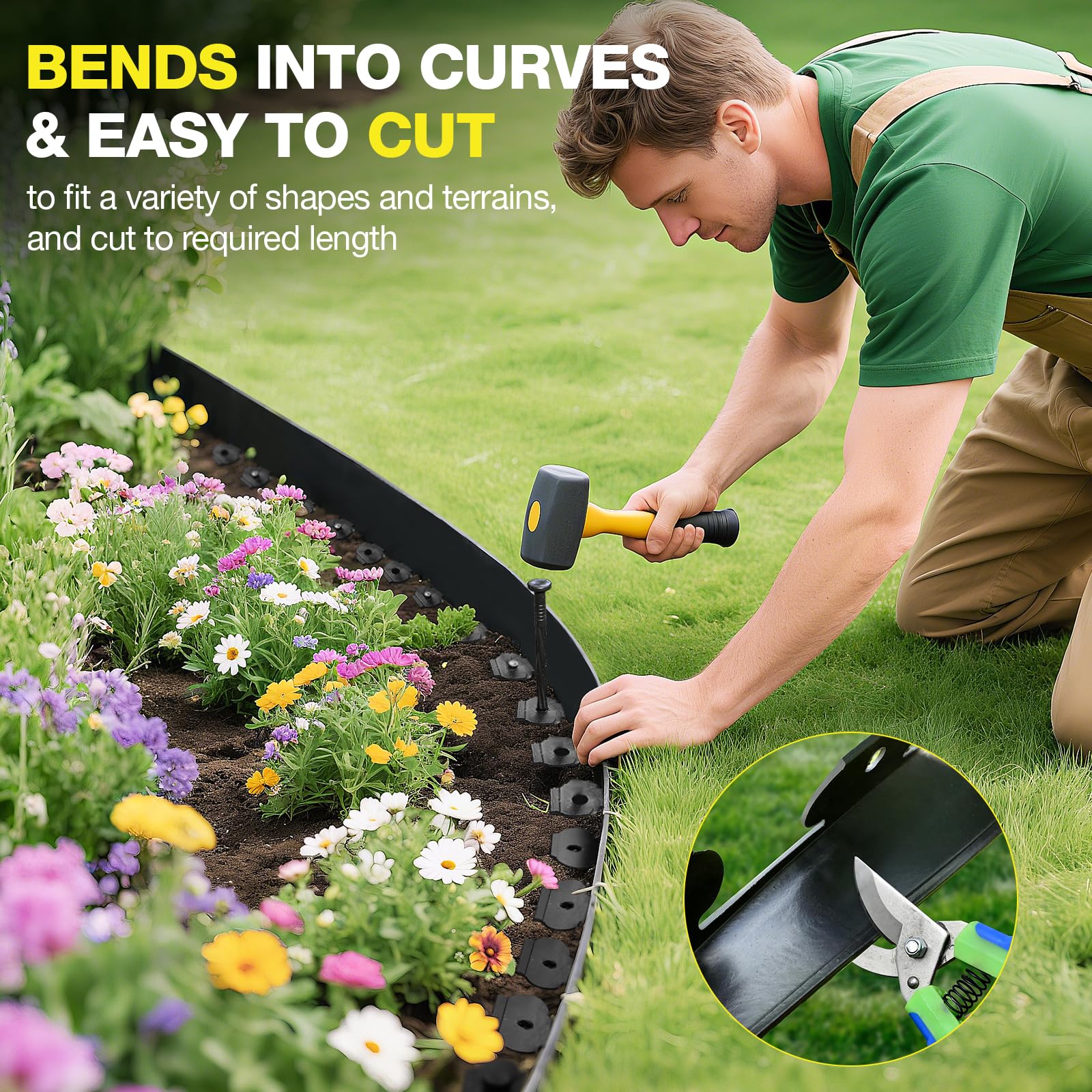 Landscape Edging Kit 33FT 1.5in Tall with 50 Spikes, No-Dig Plastic Flexible Edge Border for Landscaping, Lawn, Garden, Flower Beds, Yard, Black,1pack 33ft