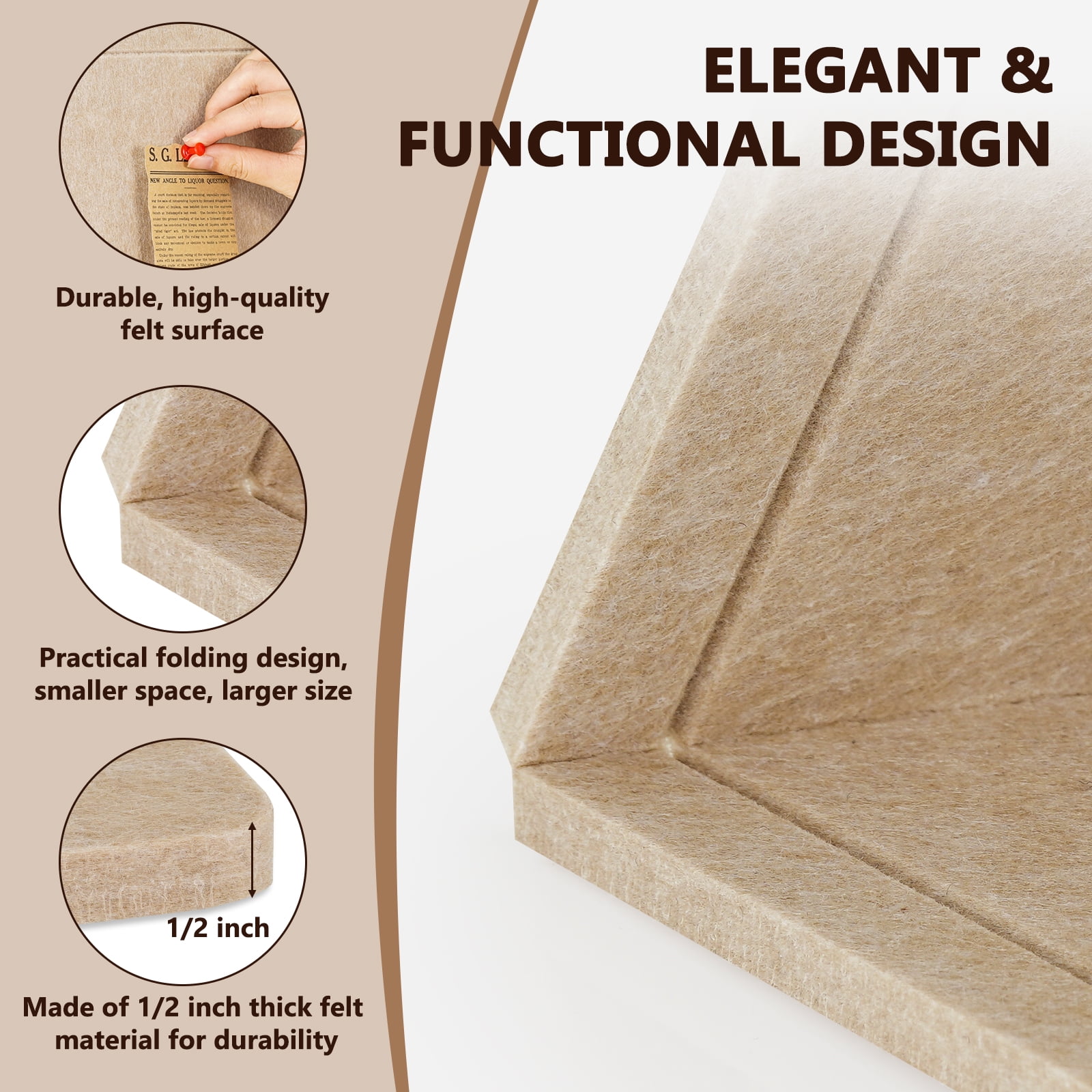 60"x36" Beige Large Bulletin Board Decorative Foldable Felt Pin Board Square Felt Wall Tiles Photo Display Board for Wall Cork Boards DIY Vision Board with Self-Adhesive Tape Home School Office Decor