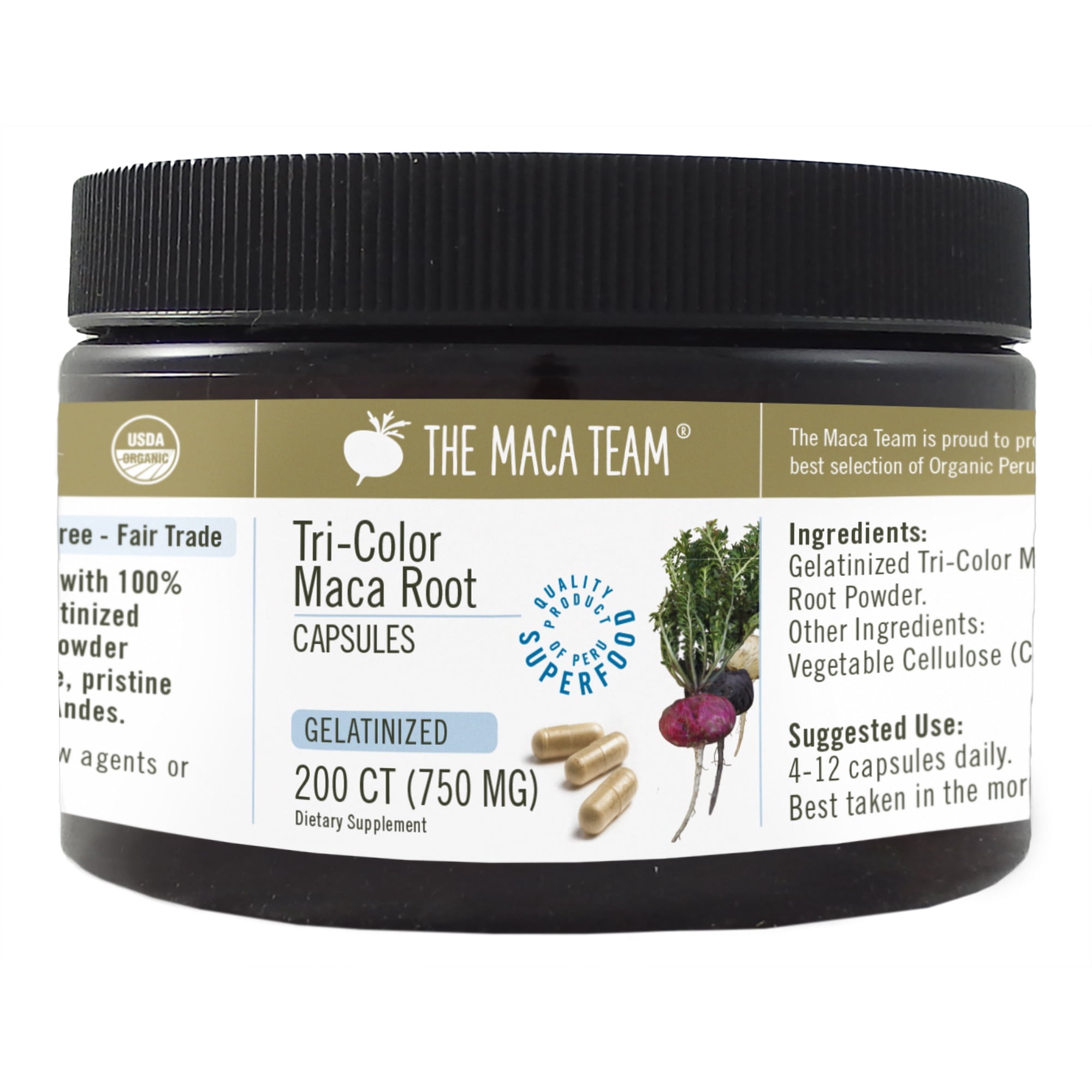 Organic Premium Gelatinized Tri-Color Maca Capsules - Vegan - 750 mg - 200 ct
