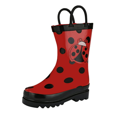 Puddle Play Kids Girls' Ladybug Printed Waterproof Easy-On Rubber Rain Boots (Toddler/Little