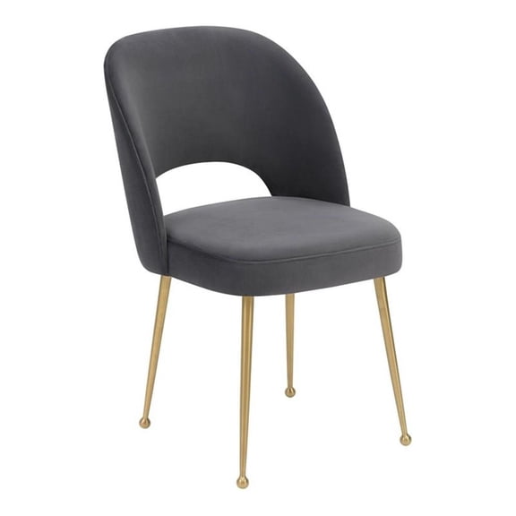 Pemberly Row 19.3" Velvet/Stainless Steel Dining Chair in Dark Gray/Gold