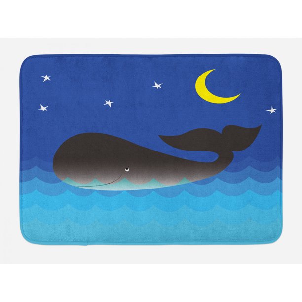 Whale Bath Mat, Lovely Whale in the Ocean with Moon and Stars Great Kid