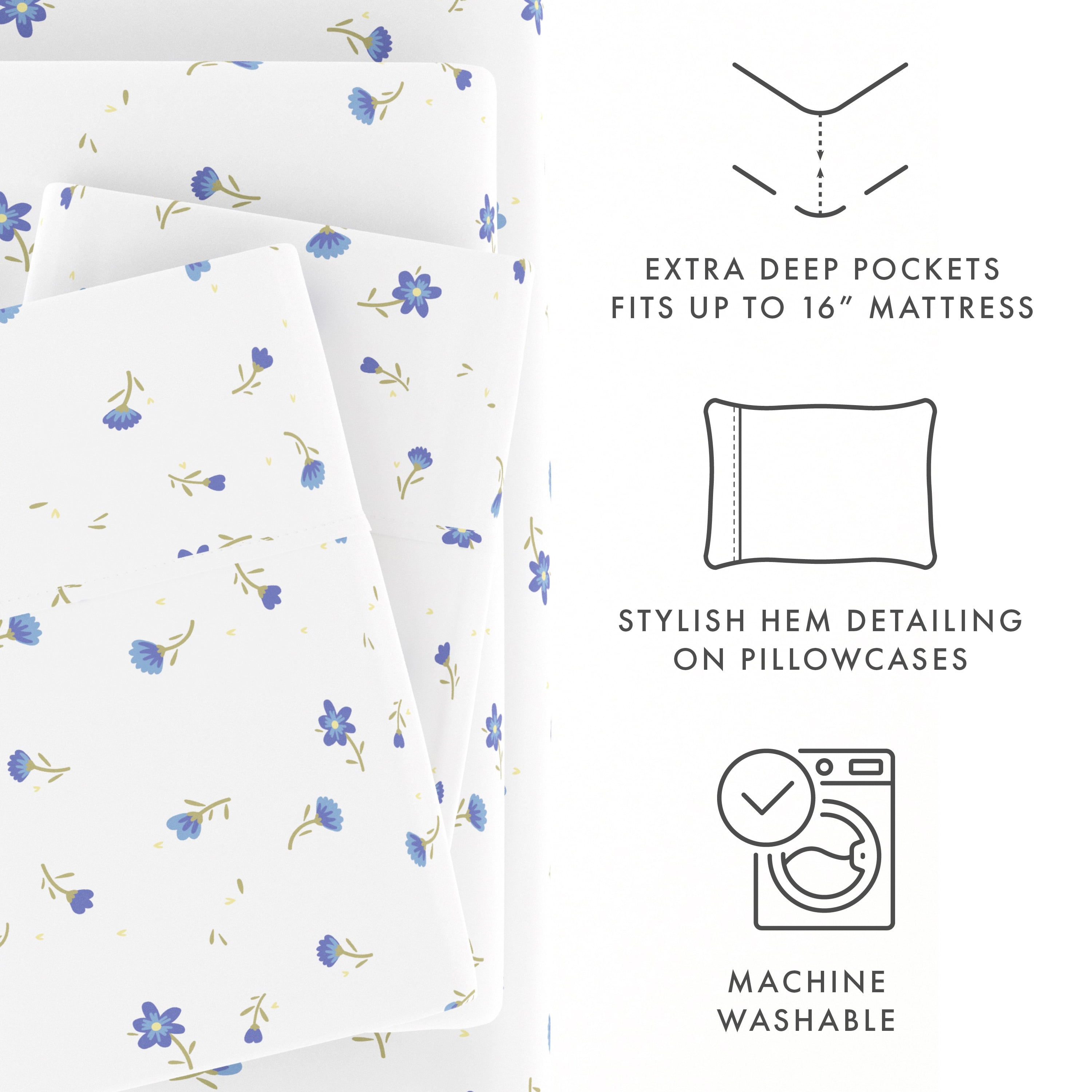 Noble Linens 4 Piece Pattern Microfiber Bed Sheets Set, Light Blue Floral, Twin