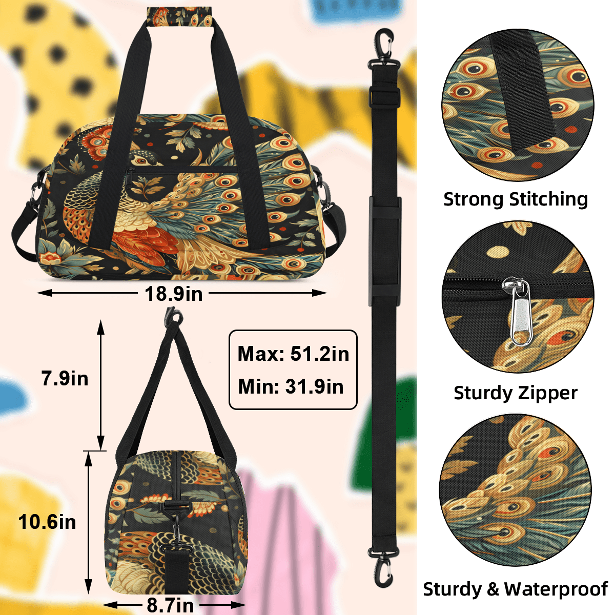Herdesigns Peacock Sports Duffle Bag for Women & Men, Vintage Bird Gym Bag Dance Bag Overnight Bag Carry On Weekender Travel Bag
