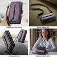thumbnail image 5 of for iPhone XR Rugged Case, Classic PU Leather Shoulder Strap Wrist Strap Zipper Pocket RFID Blocking Wireless Charging Kickstand Case Cover for iPhone XR, Purple, 5 of 10