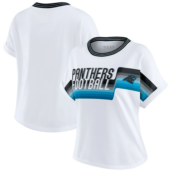 Women's WEAR by Erin Andrews White Carolina Panthers Cropped Center Stripe Dolman T-Shirt