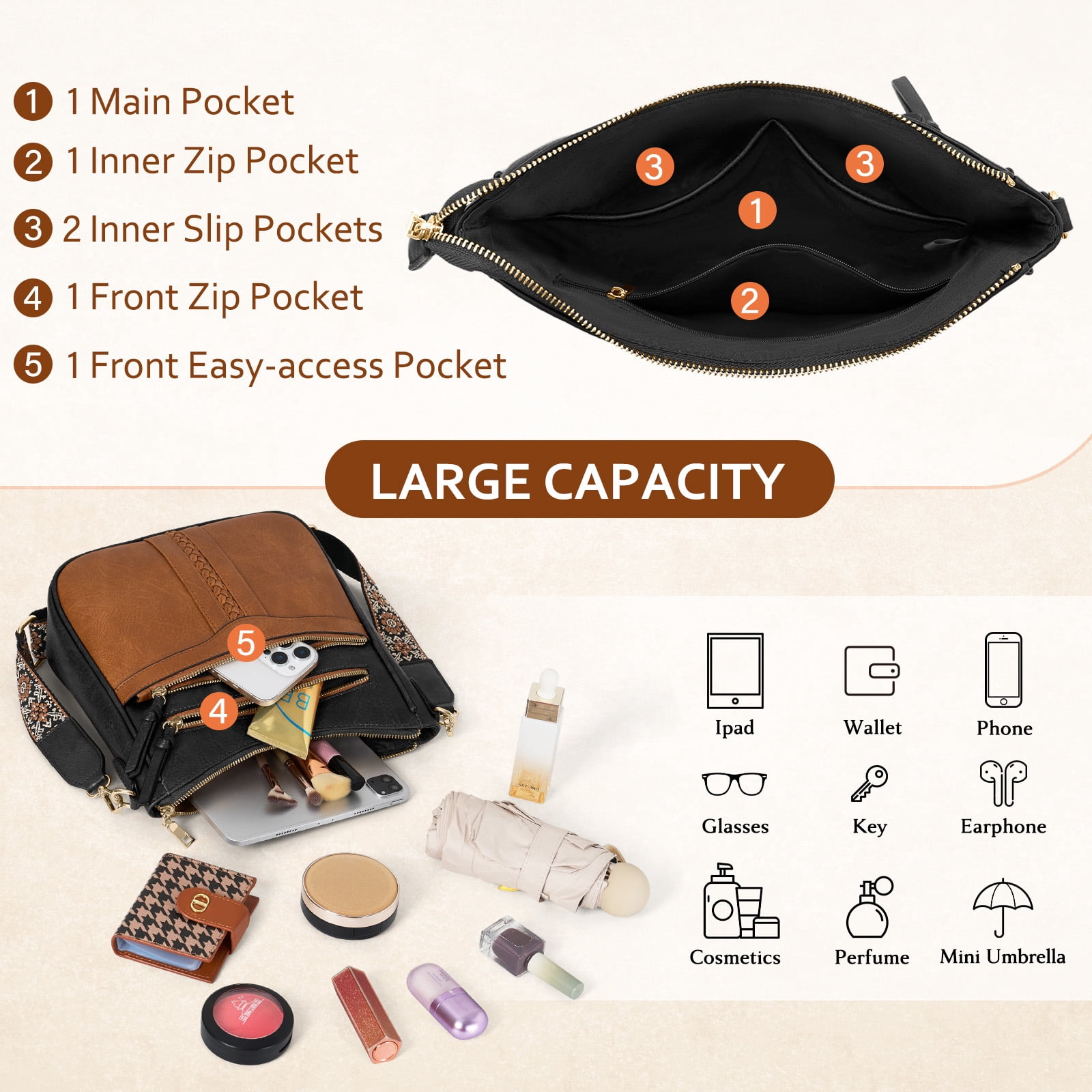 RAINSMORE Crossbody Bags for Women Leather Shoulder Handbags Trendy Crossbody Purses Soft Lightweight Travel Purse,BlackBrown
