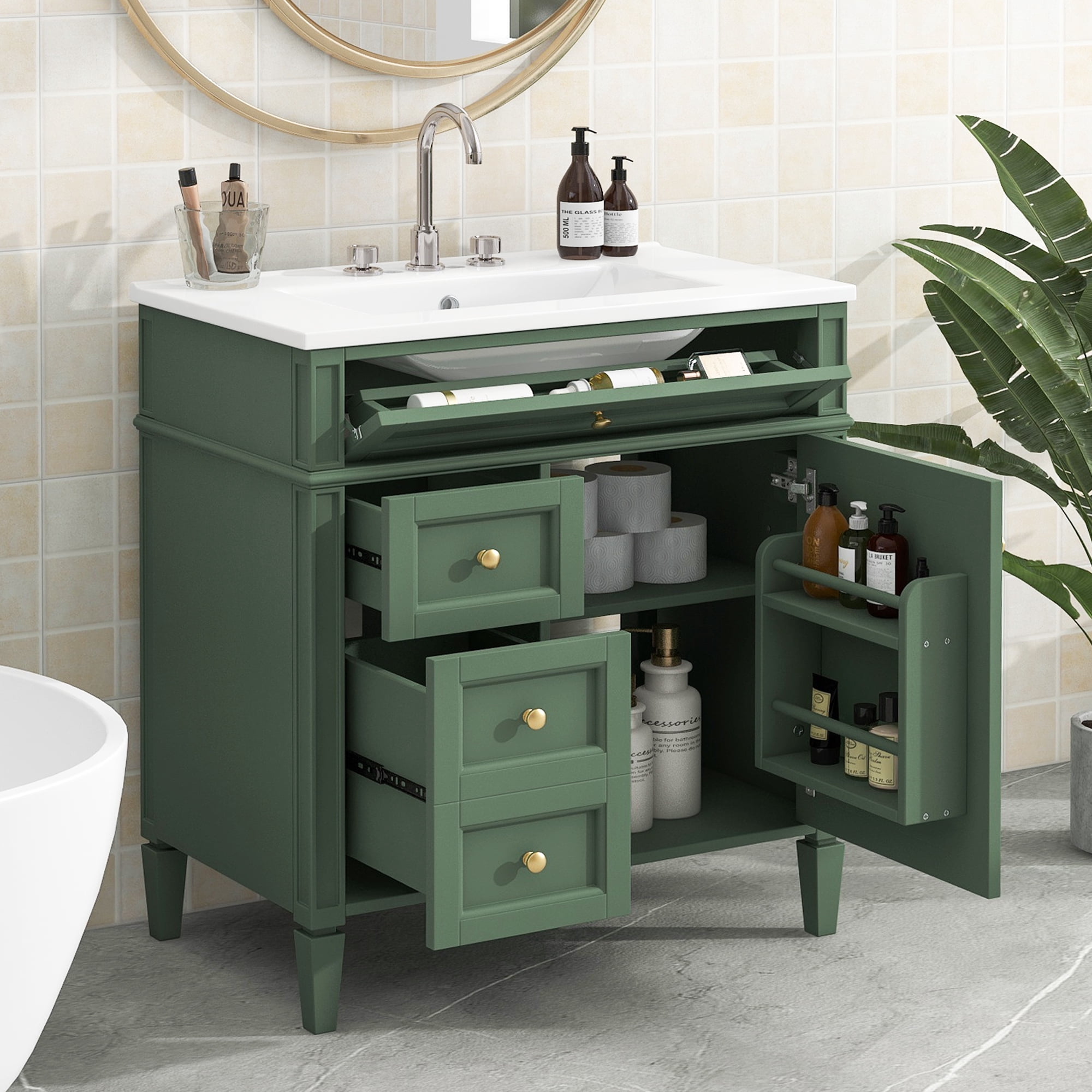 Euroco 30” Bathroom Vanity with Sink, Modern Freestanding Bathroom Cabinet with Tip-Out Drawer, Soft-Close Doors & Shelves, Hidden Storage Organizer