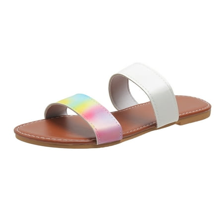 

Gzea Summer Slippers For Women Ladies Fashion Summer Multicolour Print Leather Open Toe Flat Beach Slippers White 40