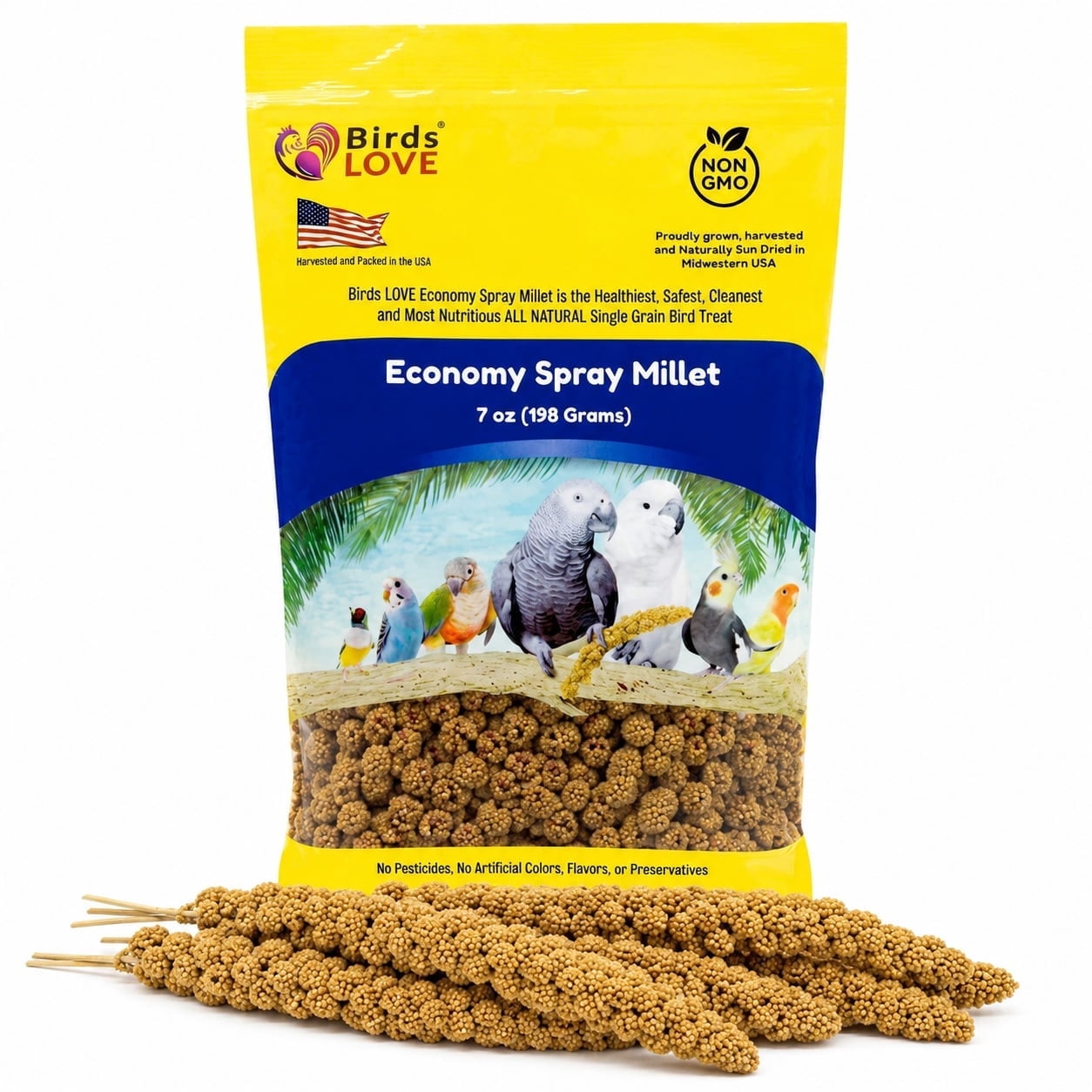 Birds LOVE Economy Spray Millet for Birds, GMO-Free USA Grown Sun-Dried Millet Treat with Stem-Reduced Edible Tops for Small Birds, 7 oz