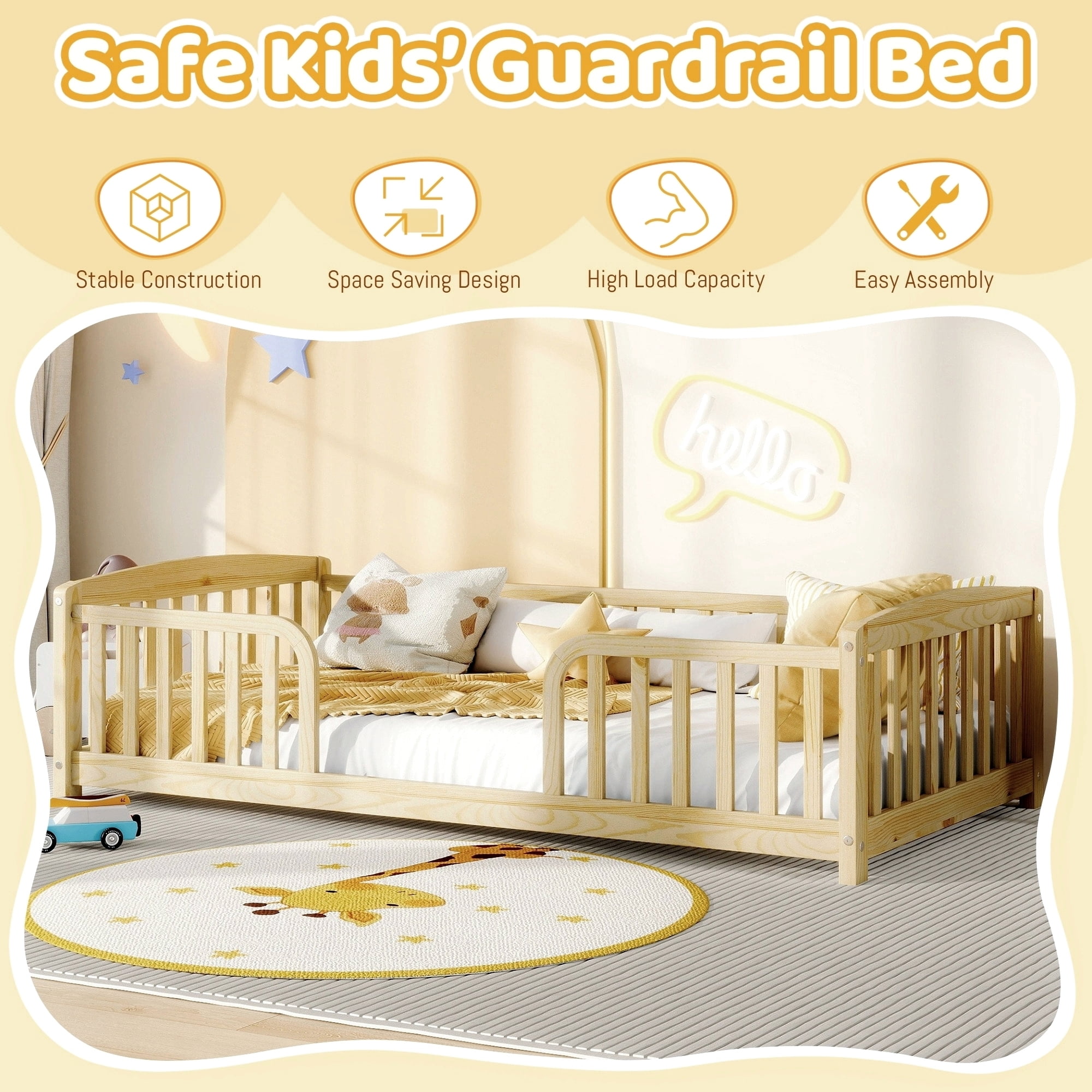 Mintazer Twin Size Toddler Floor Bed with Guardrails & Central Entrance, Natural