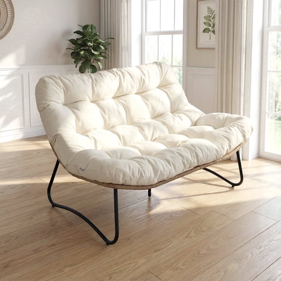 RADIATA Oversized Wicker Accent Lounge Chair for Two, Tufted 5.5" Cushion, Steel Frame, Adjustable Feet, Patio or Sunroom Seating,Beige