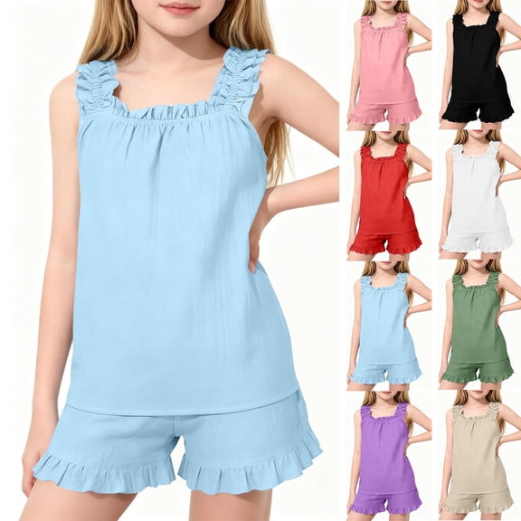 Girls Casual Cotton Lounge Sets Summer Ruffle Tank Tops Loose Fit Elastic Waist Shorts Kids Vacation Comfy Solid Color Outfits