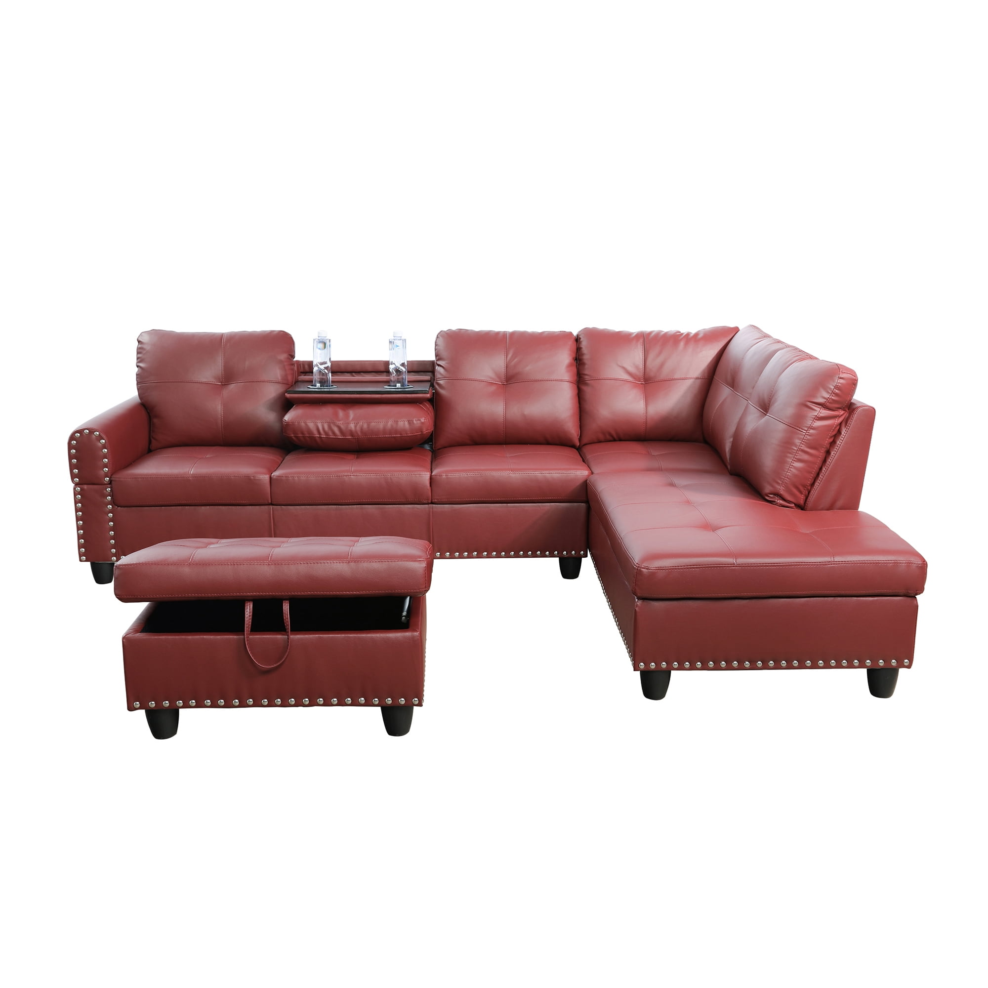 MAYEERTY 97.5" L-Shaped Sectional Sofa, Faux Leather 3-Piece Modular Couch Sofa Set with Ottoman, Red (Right)