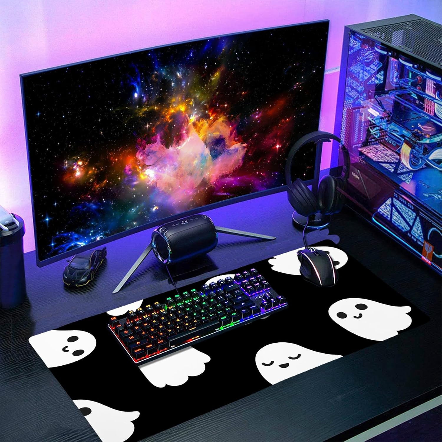 Halloween Cute Ghost Mouse Pad Large Cartoon Spooky Funny Spirit Extended Desk Mat Non-Slip Rubber Base Stitched Edge Large XL Black White Mousepad for Desk Gaming Laptop Desktop,24x14 Inch