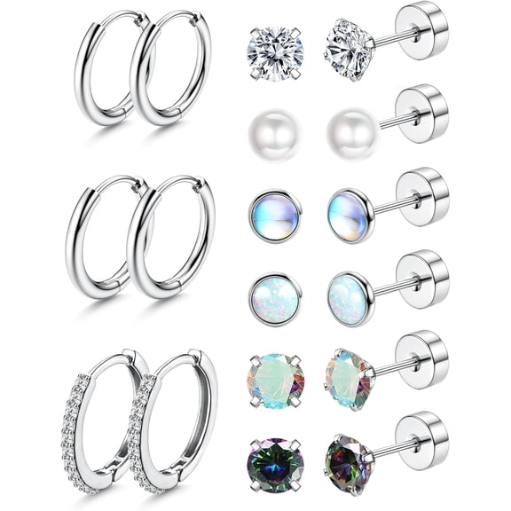 Hypoallergenic Surgical Steel Earrings for Sensitive Ears - Flat Back Earrings for Women Men - 20G FlatBack Stud Cartilage Earring Sets for Multiple Piercing,Silver