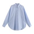 thumbnail image 4 of HH TRAF Blusa de mujer de verano a la moda de lino con cuello vuelto, camisa holgada a rayas de mezcla, camisas casuales con solapa y botonadura sencilla, 4 of 4