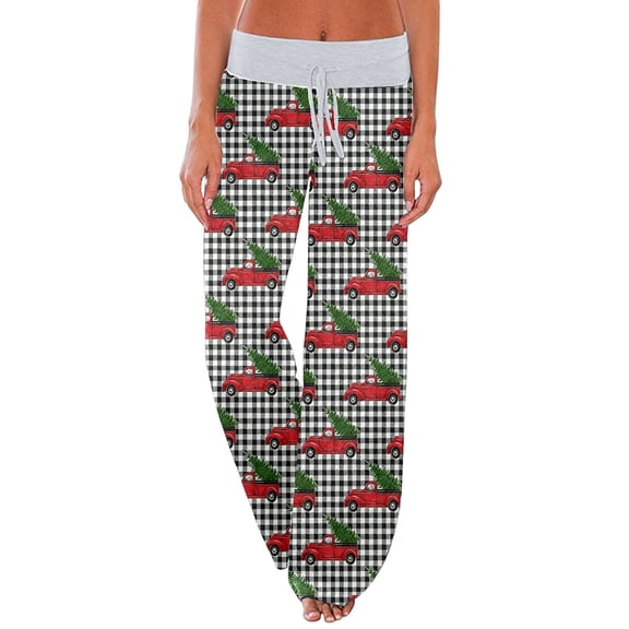 Casual Wide Leg Pants Womens Cute Printed High Waist Trousers with Drawstring Homewear
