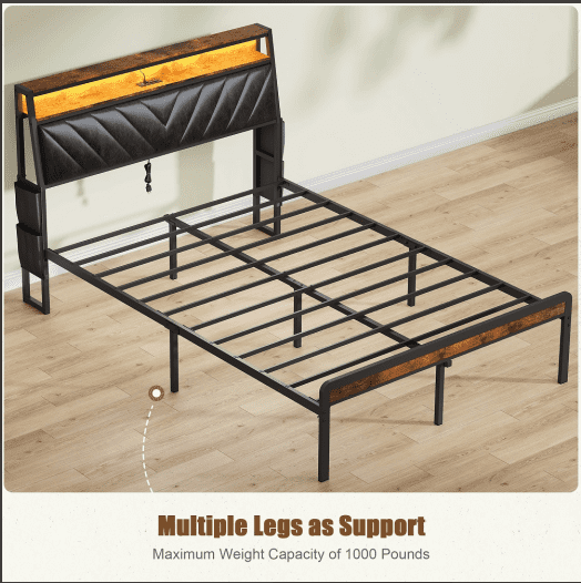 YDSM Queen size Platform Bed Frame with 105-Degree Tilted Upholstered Headboard, Charging Station, LED Lights, Noiseless, Black and Brown