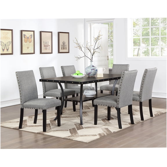 Modern 7-Piece Dining Set with Rectangular Table, 6 Gray Upholstered Chairs, and Storage Shelf