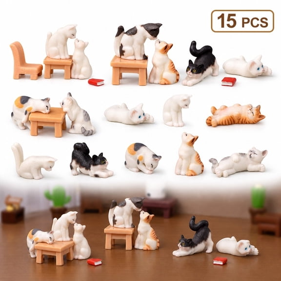 15 Pcs Resin Cat Figurines Miniature Desk Decor for Cat Lovers Shelf Collection