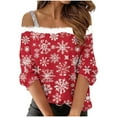 thumbnail image 2 of FDGIU Women's Cold Shoulder Christmas Top 2025, Faux Fur Trim and Holiday Print, Loose Fit 3/4 Sleeve Blouse for Xmas Party, 2 of 5