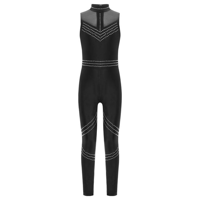 dPois Girls Rhinestone Gymnastics Leotards Ballerina Dance Costume Mock Neck Key Hole Back Figure Black 12