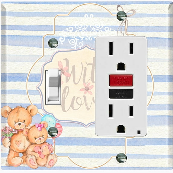 Metal Light Switch Wall Plate Outlet Cover (2 Teddy Bears With Love Heart Balloon Flower Blue Stripes - Single Toggle Single Rocker)