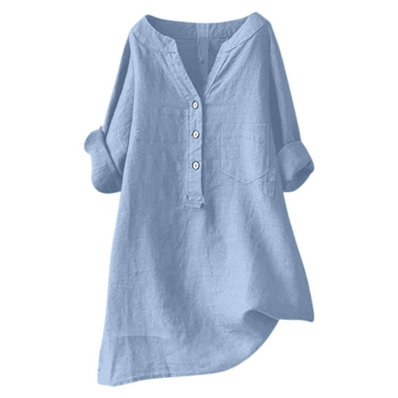 Women's Loose Fit Solid Color Linen Shirt Stand Collar Button Up 3/4 Sleeves