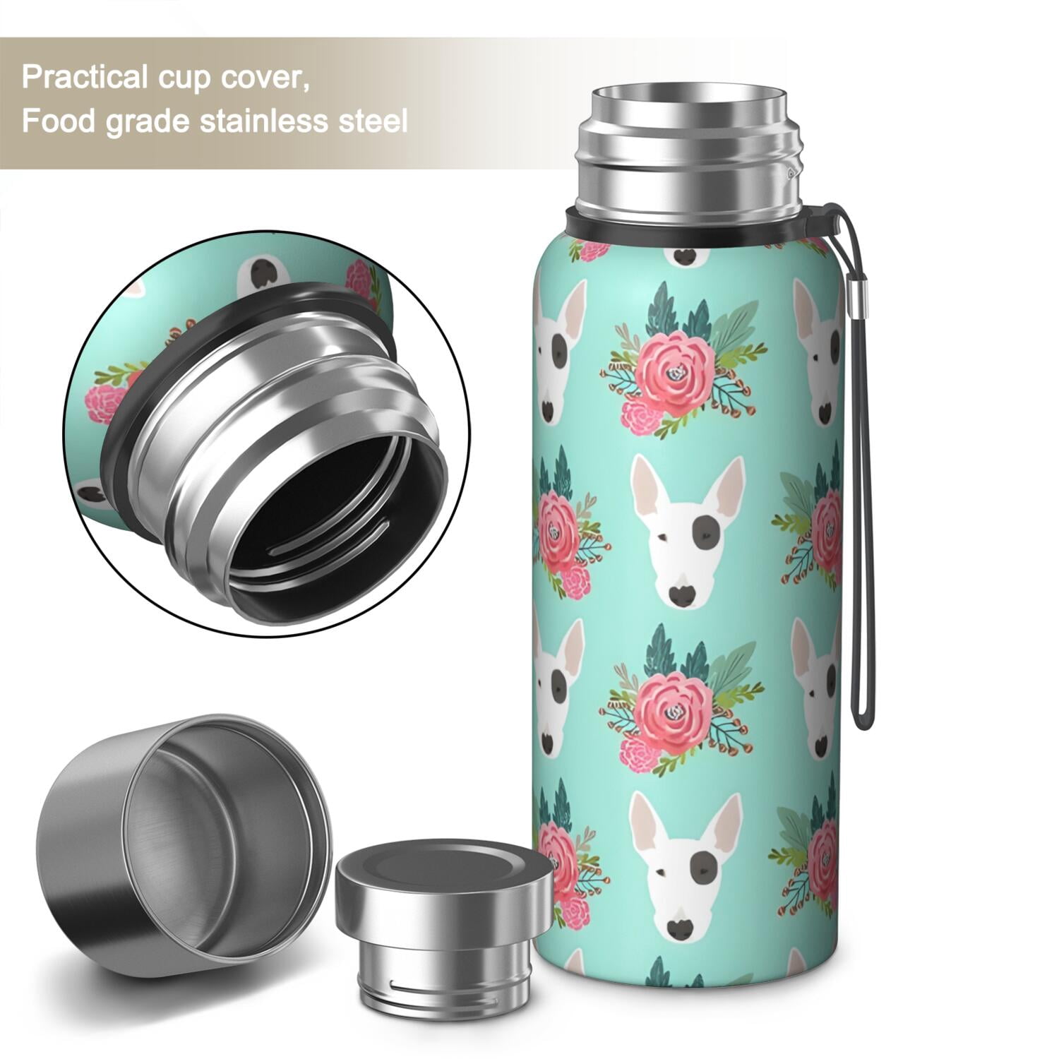 20 Oz Bull Terrier Dog and Flower Florals Coffee Tumbler Double Wall Insulated Stainless Steel Water Bottle | Metal Reusable Thermoses Flask with Cup Cap | Leak & Sweat Proof with Anti-Dust Lid