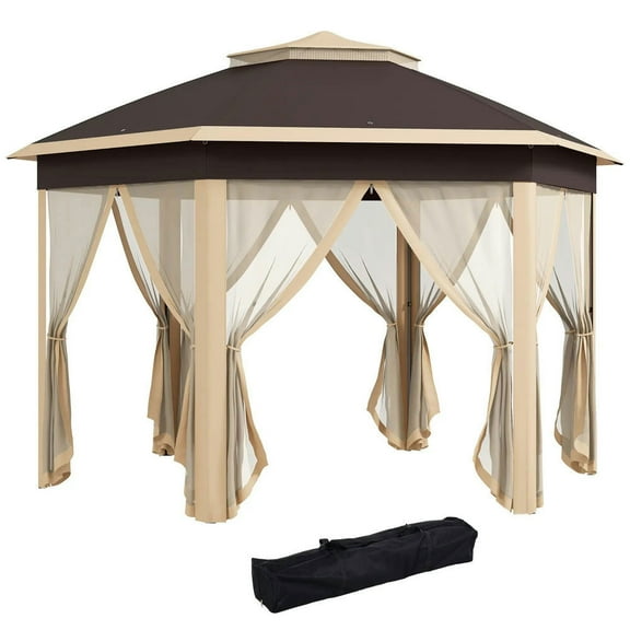 Barara King Gazebo, Outdoor Canopy Shelter,13' x 13' Pop Up Gazebo Hexagonal Canopy Shelter with 6 Zippered Mesh Netting, Beige