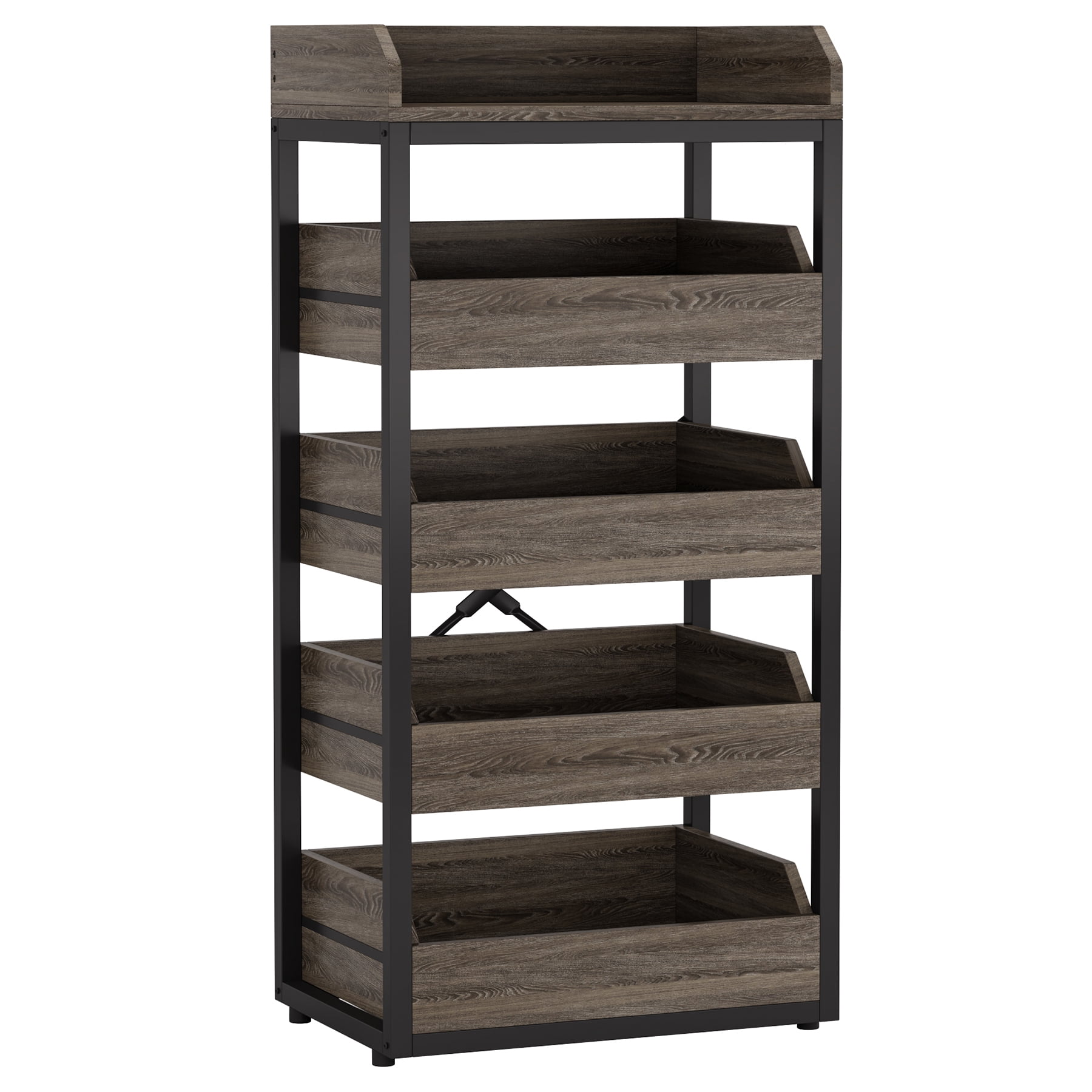 Fnova 46" 5-Tier Wood Storage Rack, Pull-Out Snack Stand Fruit Vegetable Basket Stand, Shelf Organizer with Heavy-Duty Metal Frame for Kitchen, Living Room, Bedroom