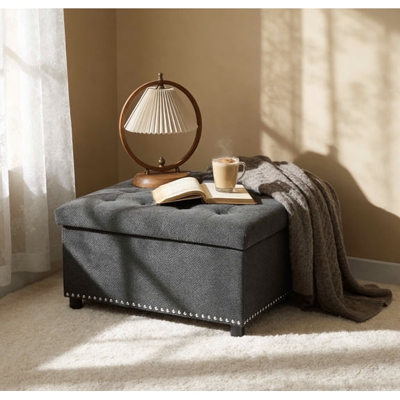 MAYEERTY 30 In Storage Ottoman, Tufted Footstool, Nailhead Trim, Square Ottoman, Dark Grey